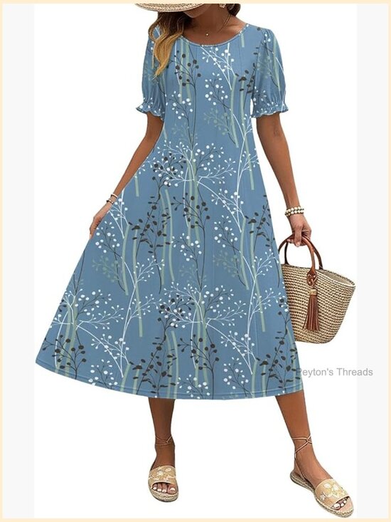 Dresses & Skirts - Women's Casual Midi Dress with Puff Sleeves, Pleated Flowy Sundress with